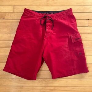 Oakley Mens Red Board Shorts Size 34 Cargo Pocket Lace Up Swim Trunks Logo Y2K